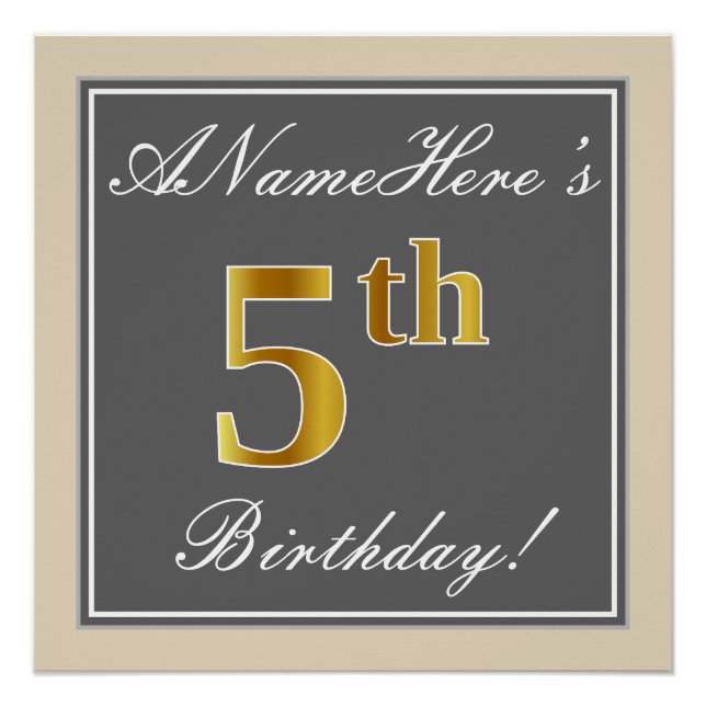 Pôster Elegante, Cinza, Faux Dourada 5 Birthday; Nome Per (Frente)