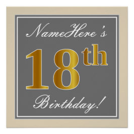 Pôster Elegante, Cinza, Faux Dourado 18º Aniversário + No