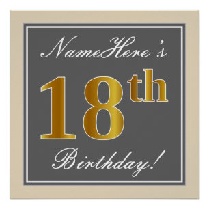 Pôster Elegante, Cinza, Faux Dourado 18º Aniversário + No