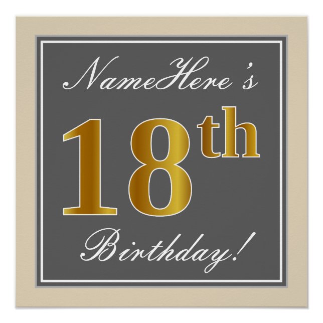 Pôster Elegante, Cinza, Faux Dourado 18º Aniversário + No (Frente)
