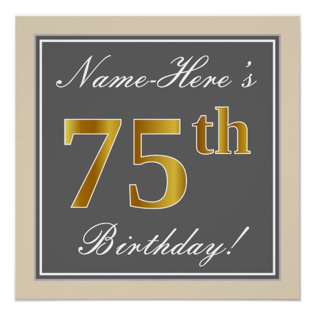 Pôster Elegante, Cinza, Faux Dourado 75.o Aniversário + N (Frente)