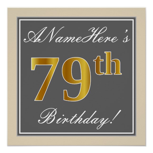 Pôster Elegante, Cinza, Faux Dourado 79º Aniversário + No (Frente)