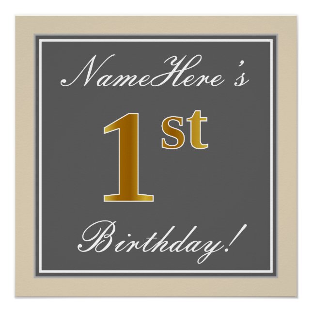 Pôster Elegante, Cinza, primeiro aniversario Dourado Faux (Frente)