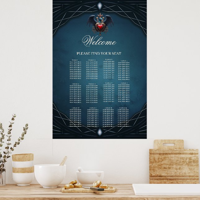 Poster Elegante coração gótico com pássaro fantasma. (Cozinha)