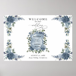 Poster Elegante Crista de Floral Azul Poeirento Casamento