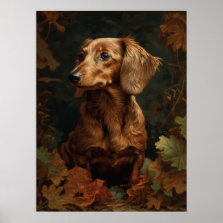 Poster Elegante Dachshund com Folhas de outono | Pet Flor