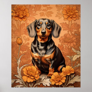 Poster Elegante Dachshund E Marigolds