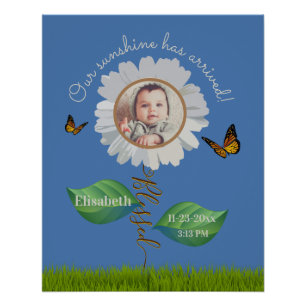 Pôster Elegante Daisy Blue Floral Cute Baby Photo e Name