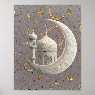 Poster Elegante Design de Ramadan com Crescente e Mesquit