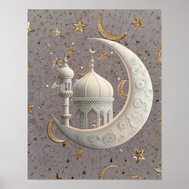 Poster Elegante Design de Ramadan com Crescente e Mesquit (Frente)