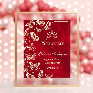 Poster Elegante Dourada Red Quinceañera Butterflies Bem-v