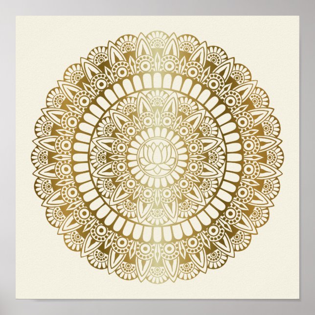 Poster Elegante Dourado em Cream Lotus Henna Mandala Impr (Frente)