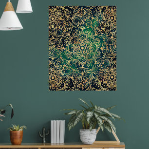 Poster Elegante Dourado Floral Mandala Verde Design Azul
