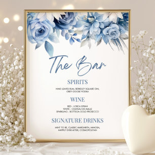 Poster Elegante Dusty Blue Floral - Sinal de Bar Bridal