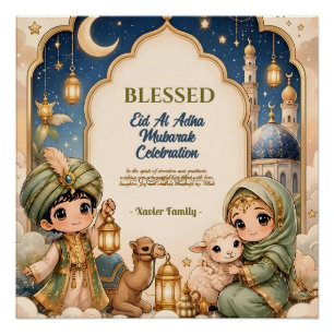 Pôster Elegante Eid Al Adha Crianças Fofas Lanterna Doura