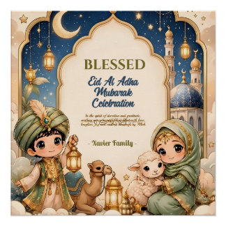 Pôster Elegante Eid Al Adha Crianças Fofas Lanterna Doura