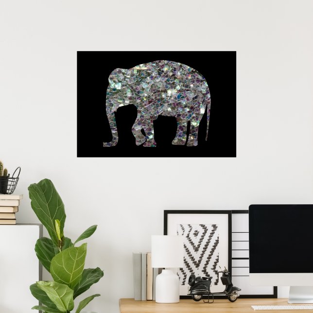Poster Elegante elefante brilhante em mosaico prateado (Escritório em casa)