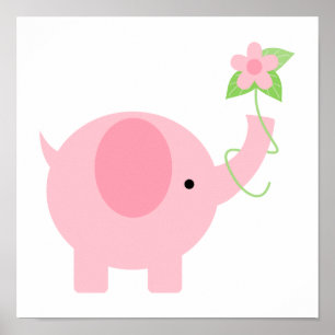 Poster Elegante Elefante Rosa com Flores