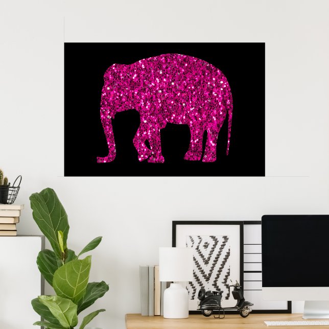 Poster Elegante elefante rosa quente com brilho falso em  (Escritório em casa)