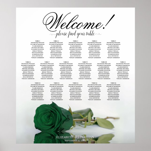 Poster Elegante Emerald Green Rosa 16 Mesa Seating Chart (Frente)