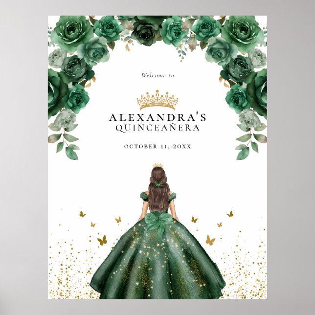 Poster Elegante Emerald Quinceañera Floral Faux Foil (Frente)
