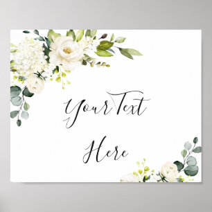Poster Elegante Eucalipto Rosas Brancas Sinal Floral Post