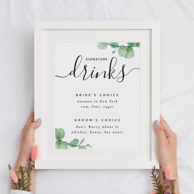 Poster Elegante eucalipto script casamento Bebidas Signat (Criador carregado)