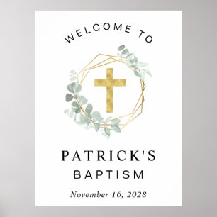 Poster Elegante Eucalyptus Cross Baptism Bem-vindo