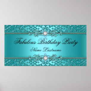 Poster Elegante Faixa de Aniversário em Azul Turquesa com