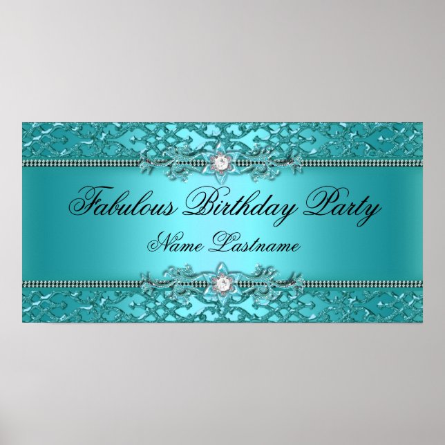 Poster Elegante Faixa de Aniversário em Azul Turquesa com (Frente)