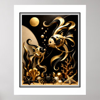 Poster Elegante Fantasia de Peixes Dourados Preto e Doura
