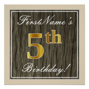 Pôster Elegante, Faux Wood, Faux Dourada 5 Birthday + nom