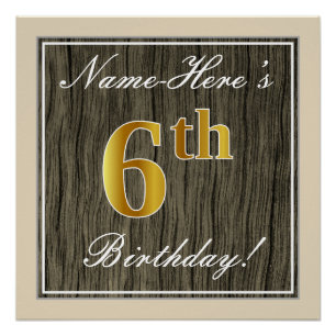 Pôster Elegante, Faux Wood, Faux Dourada 6 Birthday + nom