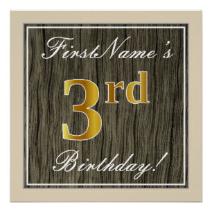 Pôster Elegante, Faux Wood, Faux Dourada aniversário de