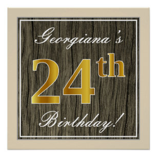 Pôster Elegante, Faux Wood, Faux Dourado 24. Aniversário