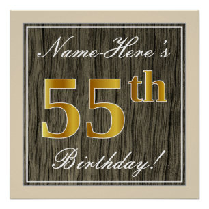 Pôster Elegante, Faux Wood, Faux Dourado 55.o aniversário