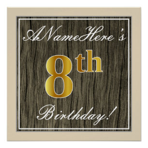Pôster Elegante, Faux Wood, Faux Dourado 8.º Aniversário