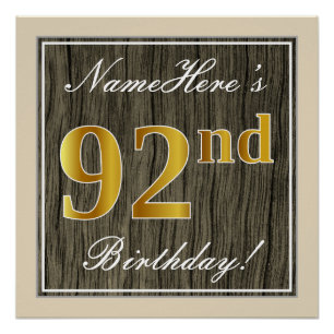 Pôster Elegante, Faux Wood, Faux Dourado 92º Aniversário