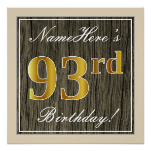 Pôster Elegante, Faux Wood, Faux Dourado 93º Aniversário