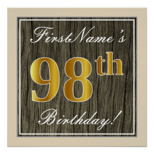 Pôster Elegante, Faux Wood, Faux Dourado 98.º Aniversário