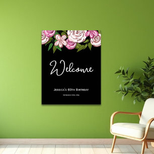 Poster Elegante Floral Black 60th Birthday Bem-vindo
