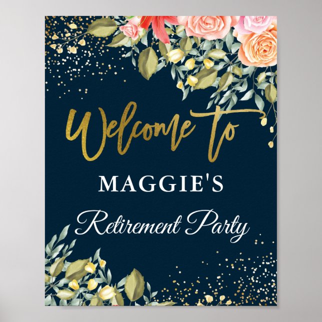 Poster Elegante Floral Blue Dourado Retirement Party Bem- (Frente)