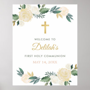 Poster Elegante Floral Greenery Wreath Primeira Comunhão