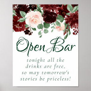Poster Elegante Floral Símbolo Aberto de Bar de Marsal