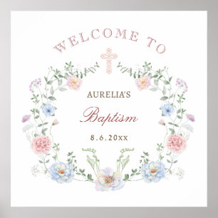 Poster Elegante Frame Floral Baptism Bem-vindo