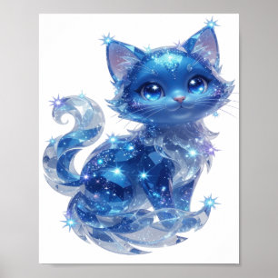 Poster Elegante Gato de Estrelas Azuis Prateado