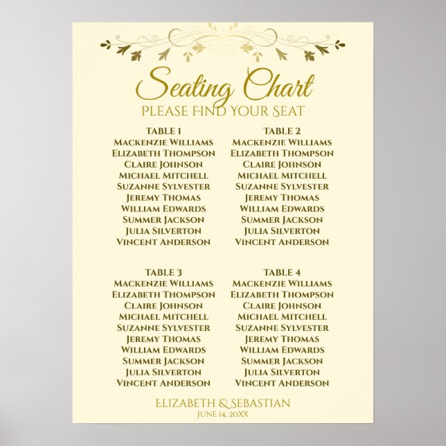 Poster Elegante Gráfico de Assentos de Casamento em Ouro  (Frente)