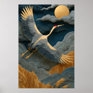 Poster Elegante Grou Voando Sob a Lua Dourada Arte do Les