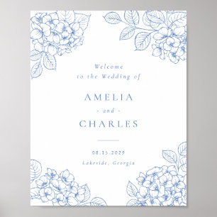 Poster Elegante Hortênsia Azul Floral Boas-Vindas de Casa