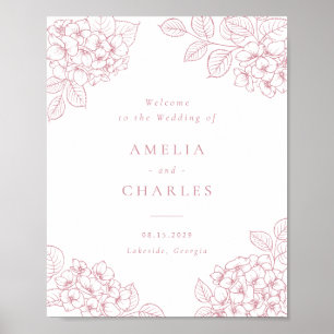 Poster Elegante Hortênsia Rosa Floral Boas-Vindas de Casa